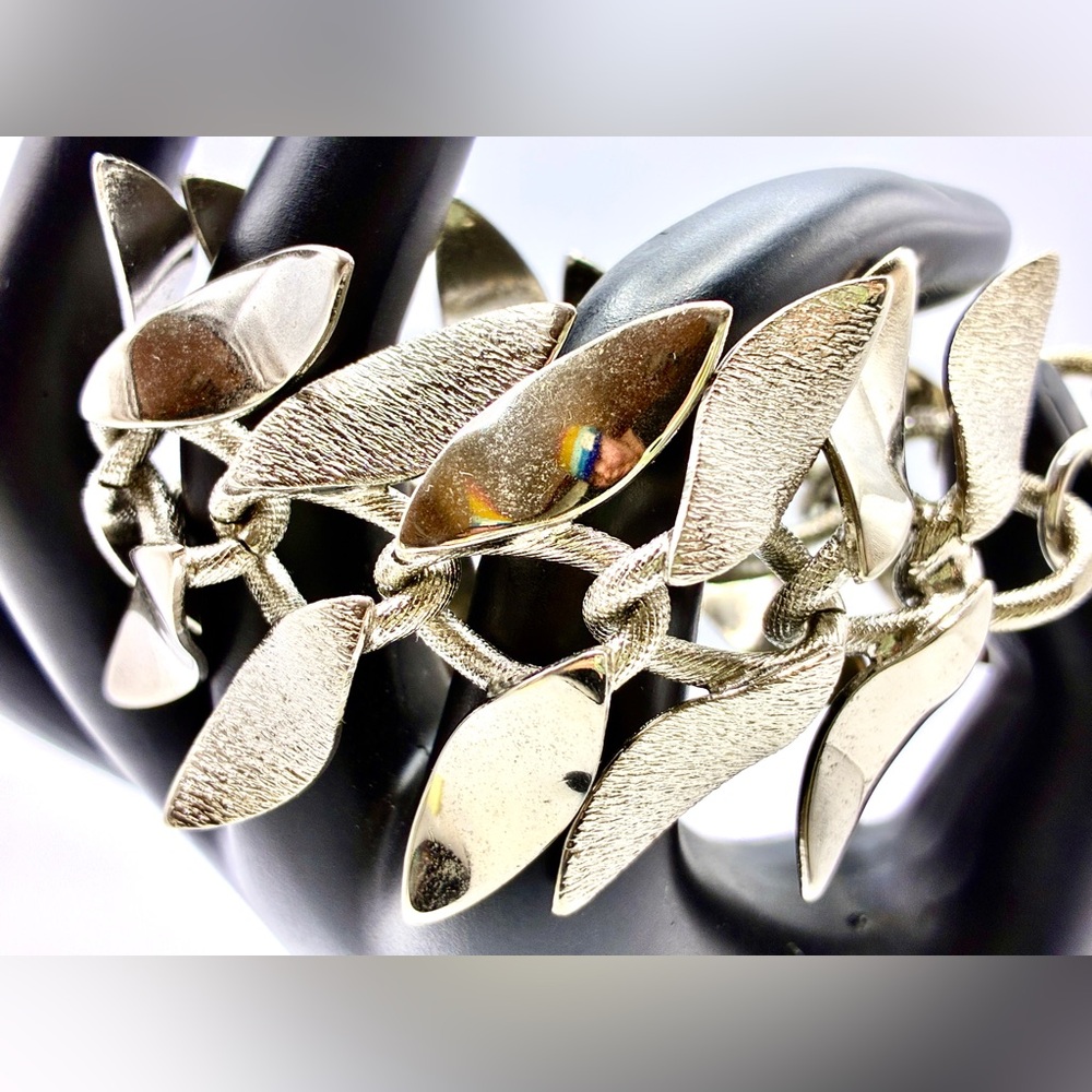 Vintage Flat Textured Leaf, Black Market Cha-Cha Bracelet, Dangle Petals 7.5”